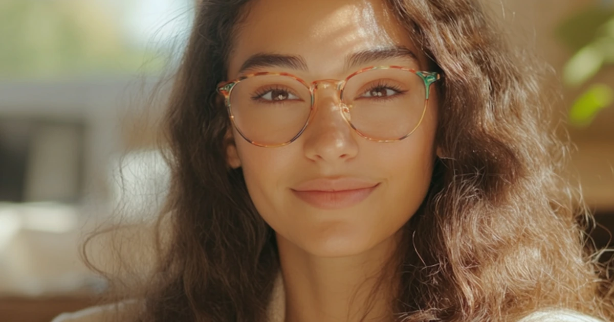 A person wearing glasses in warm natural light.